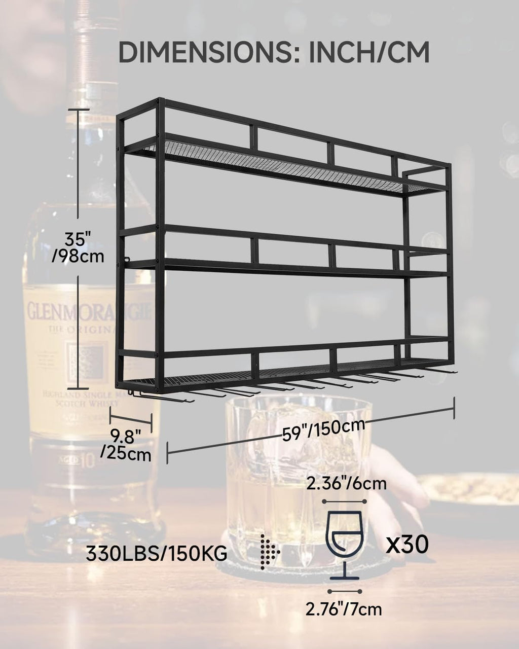 59' Large Wine Rack Wall Mounted with Bottle Glass Holder, 3-Tiers Metal Bar Shelves for Liquor Bottles with LED Light, Wall Wine Rack for Home, Restaurant, Commercial Bar, Kitchen Storage Display