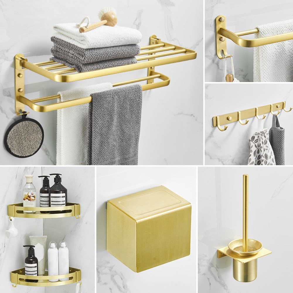 Bathroom Accessories Set Brushed Gold Corner Shelf,Towel Rack,Towel Hanger Paper Holder,Toilet Brush Holder Bath Hardware Sets,Double Towel Bar