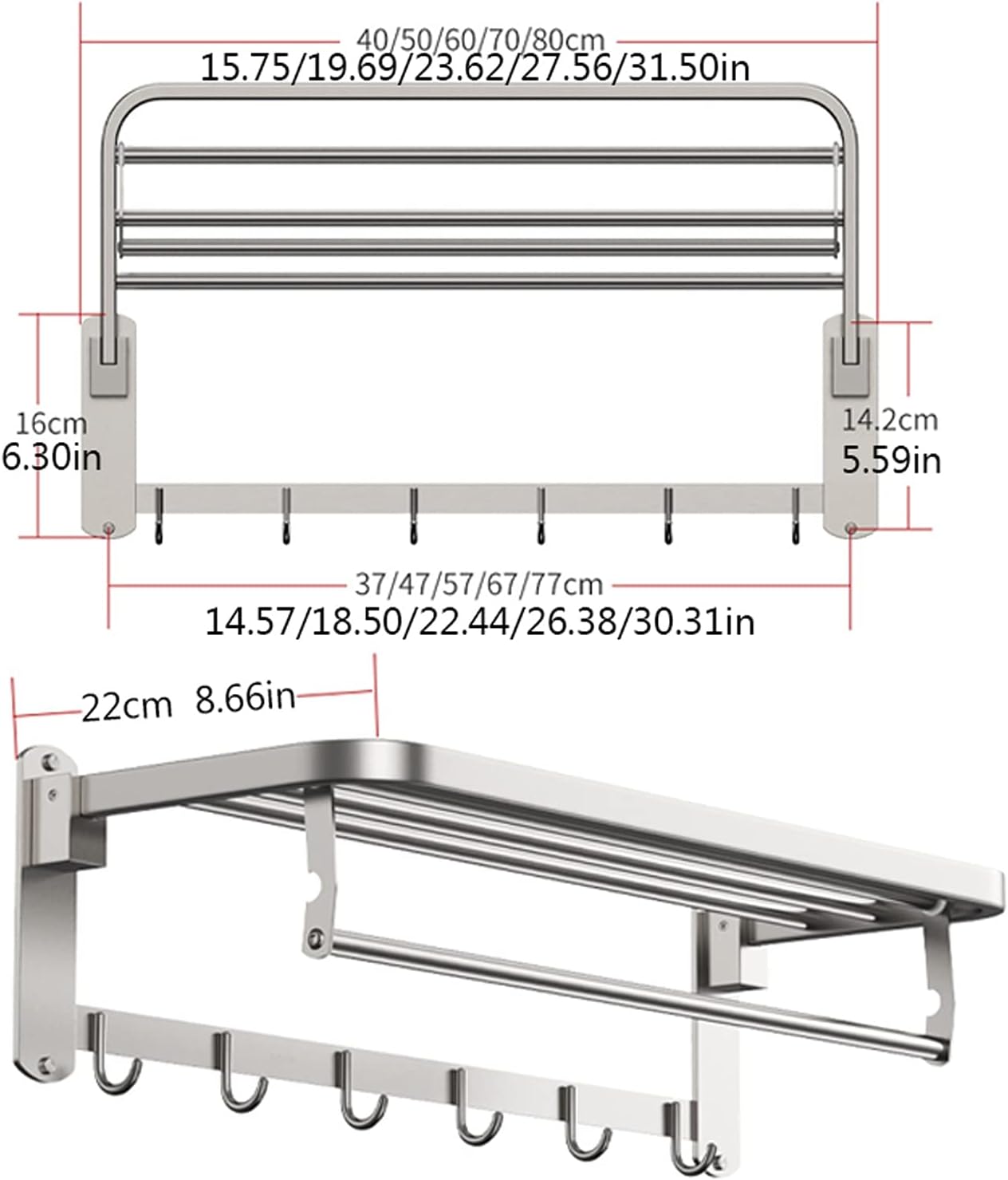 Bathroom Shelf Wall Floating Bathroom Bathroom Shelves Wall Mounted，Foldable Wall Mounted Double Towel Holder with Towel Bar Polished 304 Stainless Steel Towel Shelf Floating Shelves Corner Shower ( S