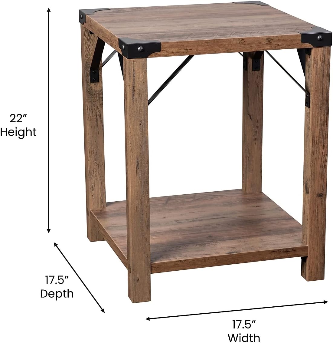 Flash Furniture Wyatt Modern Farmhouse 2 Tier Side Table - Rustic Oak Engineered Wood Frame - Black Metal Crisscross Side Braces and Corner Accents