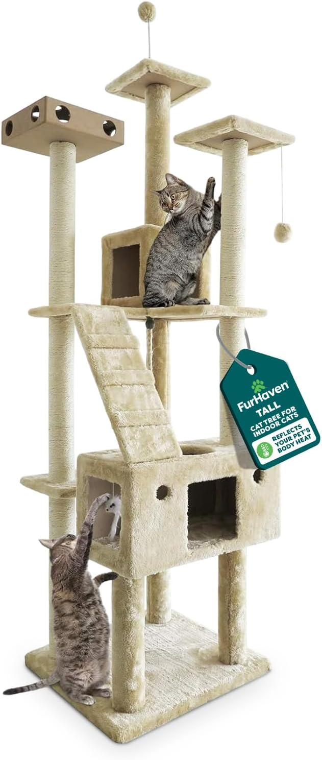 FurHaven 69.3' Tall Cat Scratching Post Tower for Indoor Cats, Sisal Cat Tree with 2 Condos, Tiger Tough Double Decker Playground, Toys & Perches for Cats, Sisal, Cream