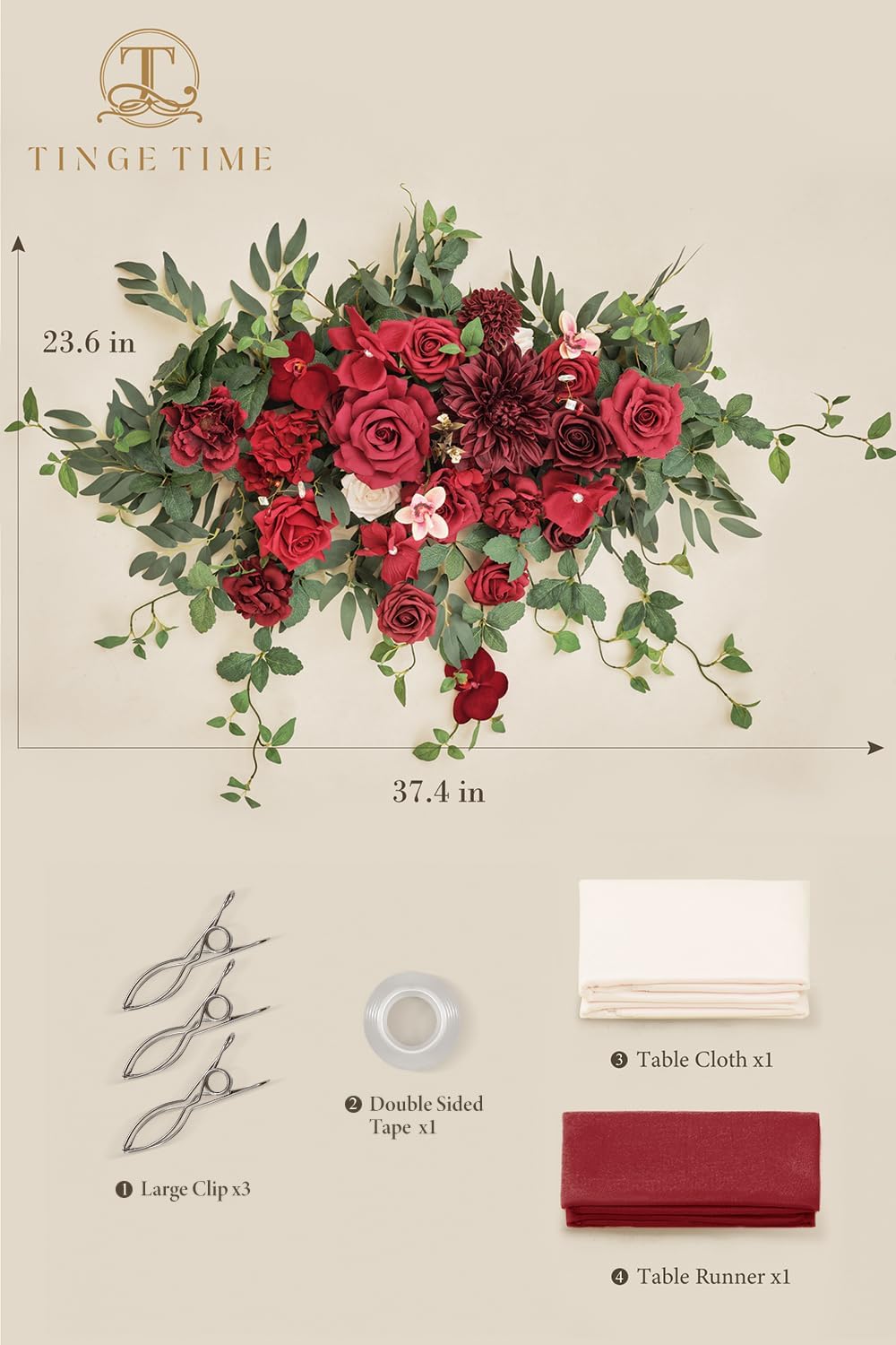 TINGE TIME Artificial Sweetheart Flower Swag with Tablecloth and Table Runner, Pack of 3 Floral Arrangement for Wedding Sweetheart Table Centerpiece Decoration (Burgundy Red)