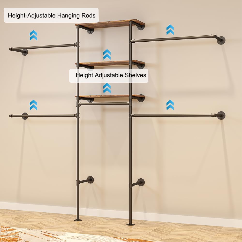 KaKaBB Industrial Pipe Clothing Rack - Heavy Duty Wall Mounted Clothes Rack, Corner Closet System, DIY Wardrobe Organizer with Shelves, Walk in Closet Storage (BLACK, 94.5')