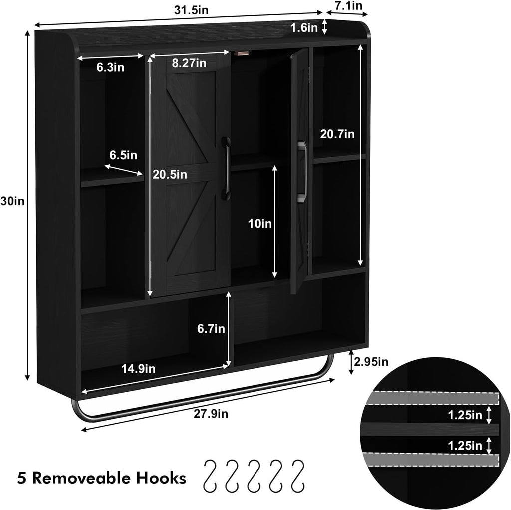 RUSTOWN Rustic Wood Wall Bathroom Cabinet, Farmhouse Medicine Cabinet Wall Mounted, Space Saving Wall Storage Cabinet with 2 Barn Door, 3-Tier Adjustable Shelves and Towel Bar (Black)