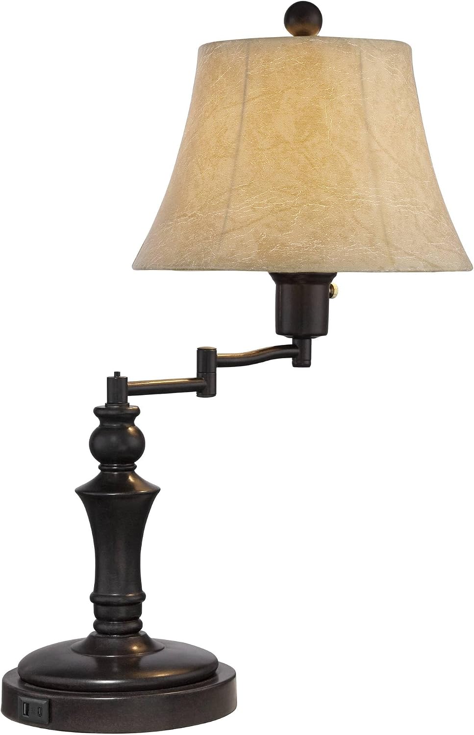 Regency Hill Corey 21.75' High Traditional Natural Cottage Swing Arm Hotel Style Desk Table Lamp with USB Ports A+C Charging Bronze Metal Faux Leather Bell Shade Living Room Bedroom House Bedside