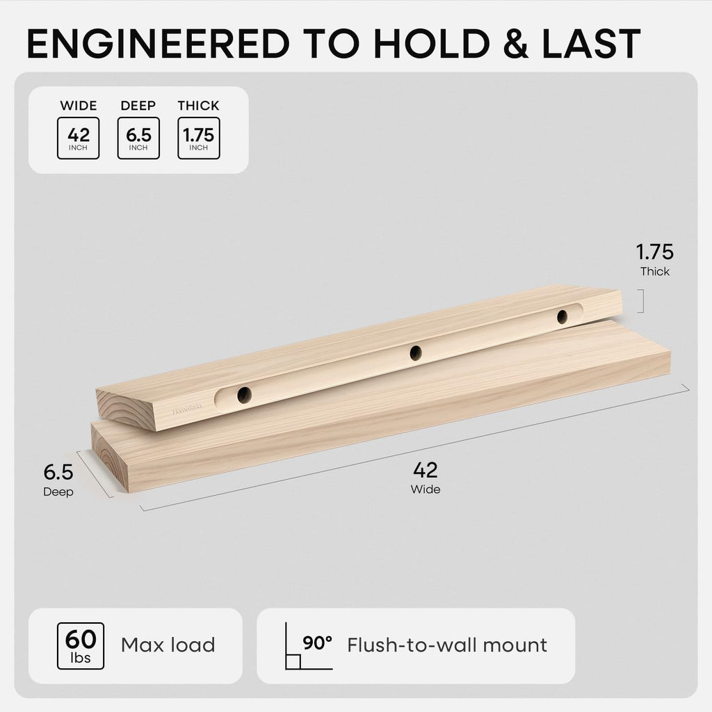 Homeforia 42 inch Wood Floating Shelf, High End Solid Natural Wood 42inch Large Floating Shelves for Wall Mounted, Unfinished Wooden Floating Shelves, Heavy Duty Bracket, 42 X 6.5 X 1.75 in, Set of 3