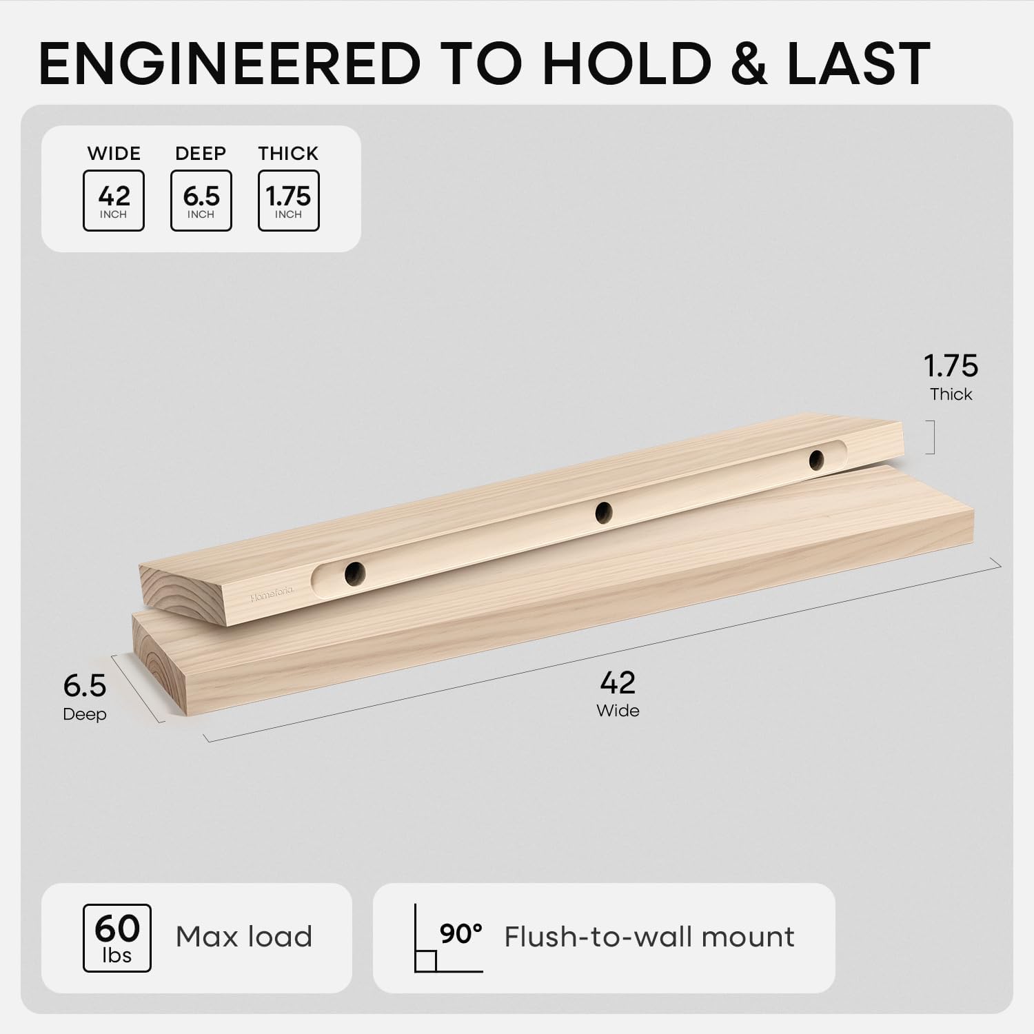 Homeforia 42 inch Wood Floating Shelf, High End Solid Natural Wood 42inch Large Floating Shelves for Wall Mounted, Unfinished Wooden Floating Shelves, Heavy Duty Bracket, 42 X 6.5 X 1.75 in, Set of 3