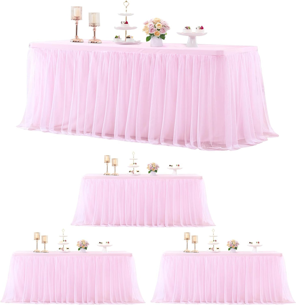 4 Pack 8ft Pink Tablecloths for Rectangle Tables, 8 Foot Pink Rectangular Table Cloth, Wrinkle Free Table Cover with Tutu Skirt for Baby Shower Girls Birthday Party Banquet Buffet Cake Decorations