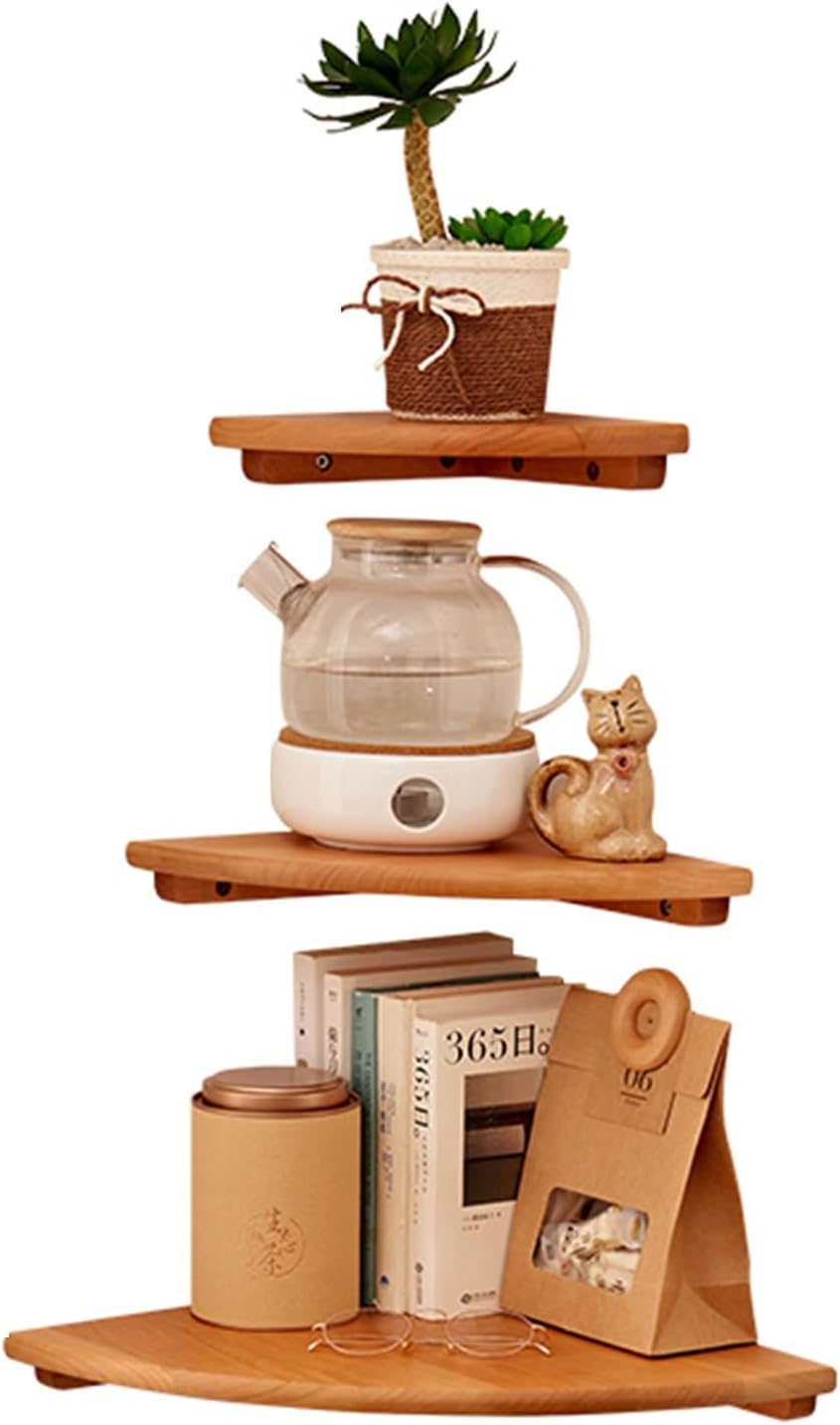 Kitchen Shelves, Corner Shelves Wall Mounted, Set of 3 Floating Corner Shelves, 3 Tier Solid Wood Hanging Display Shelf for Bathroom Kitchen Living Room, Black
