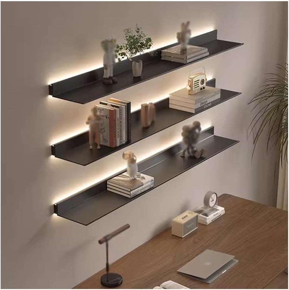 Floating Display Shelf With Built-in Illuminated LED Light And Transformer, Metal Wall Mounted Light-Emitting Bookshelf, Wall Decor, Lighted Display Stand ( Color : Black , Size : 1PCS-40x20cm )