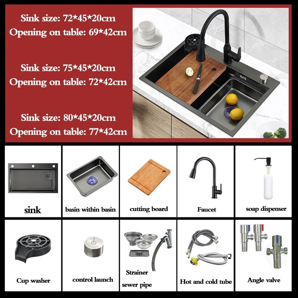 Kitchen Sinks, Single Bowl Multifunctional and Practical Single Bowl Sink Stainless Steel Countertop Sink Kitchen Dishwashibasin Bar Hand Sink (72 * 45Cm