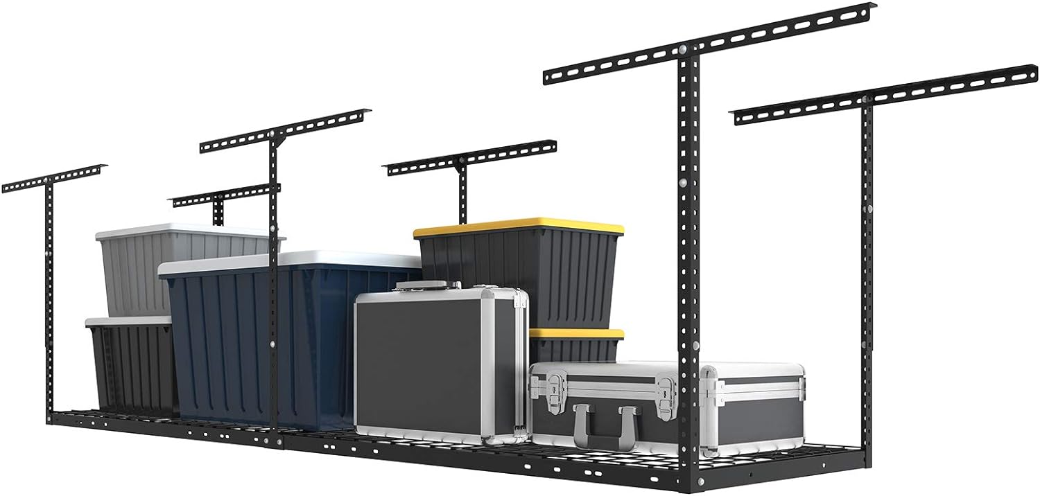 FLEXIMOUNTS 2x8 Overhead Garage Storage Rack, plus 2-Pack 2x4ft Corner Wall Mounted Floating Shelves, 450lbs+440lbs Capacity, Heavy-Duty Garage Organizer, Black