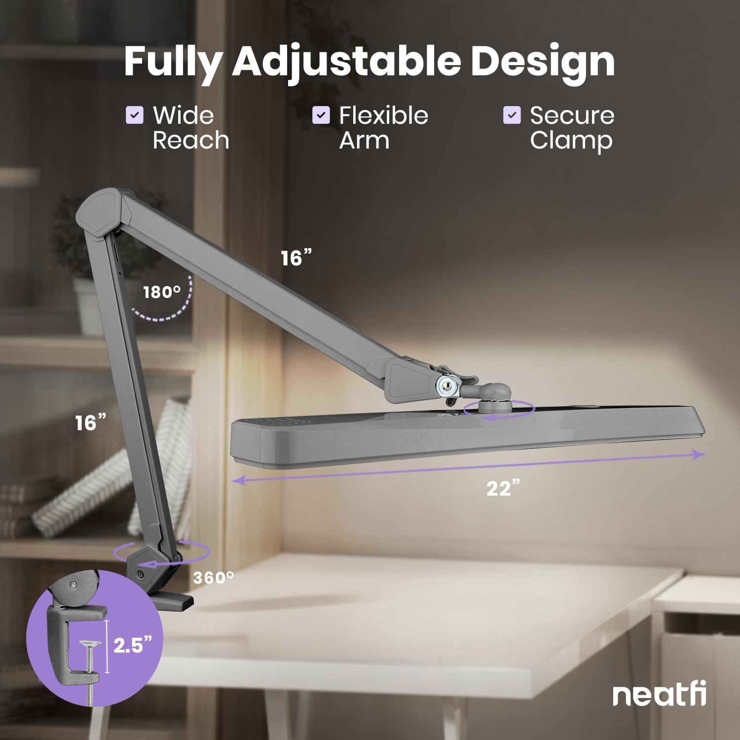 Neatfi XL 2,500 Lumens 30W LED Task Lamp for Manicure Table, Crafts, Workbench, Office – 22' Wide Shade Desk Light | Eye-Caring 6500K | 4-Level Brightness (Silver, Non-CCT with Clamp)