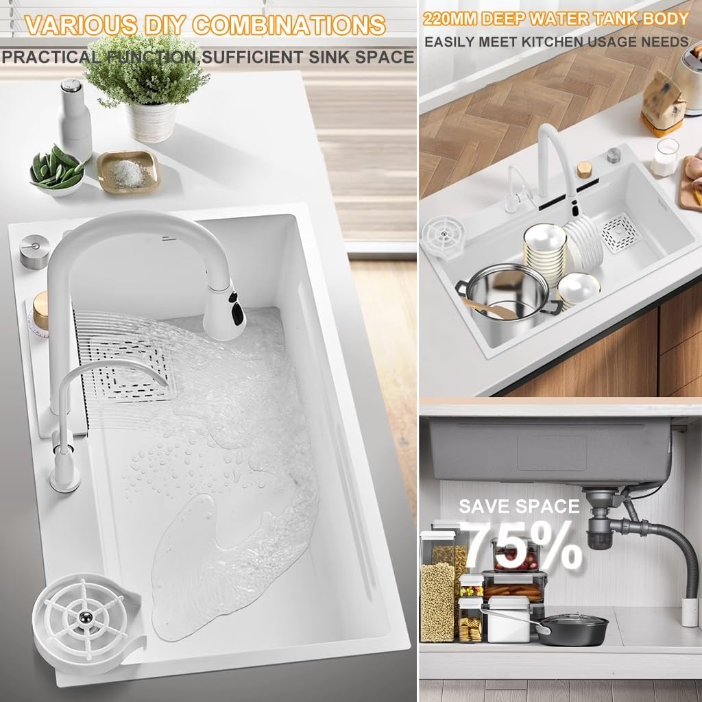 Single Bowl Waterfall Sink Stainless Steel Multi-functional Kitchen Sink White Nano-Coated Workstation Sink with Pull-Out Faucet,Drain Basket,Cup Washer (Color : White, Size : 68x45x22cm) (White 6