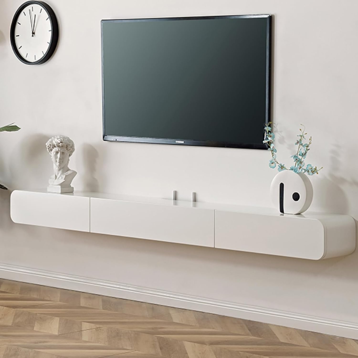 Solid Wood Floating TV Stand Wall Mounted, White, 63' Wall Mounted Entertainment Center Console, Hanging tv Media Shelf for Living Room, Bedroom (DSGWHITE-B, 63IN)