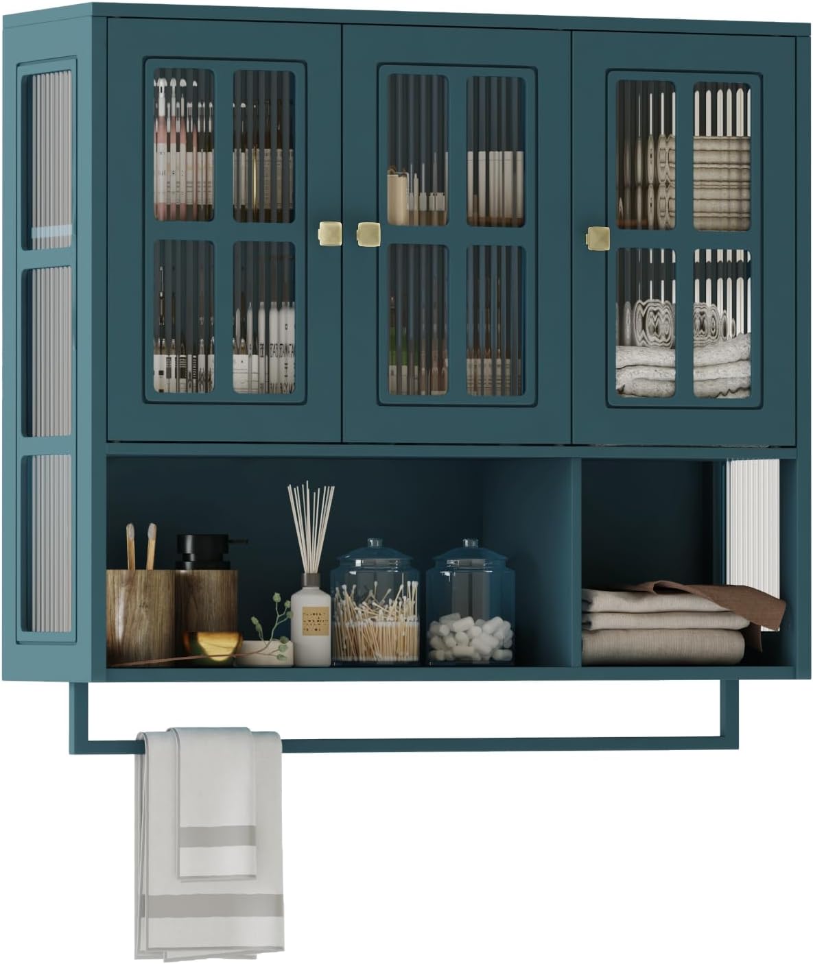 Polibi Wall Cabinet with Fluted Glass, Modern Wall-Mounted Storage with Towel Bar, Removable Shelves, Minimalist Design for Entryway Living Room Bathroom Dining Room, Easy Assembly, Dark Green