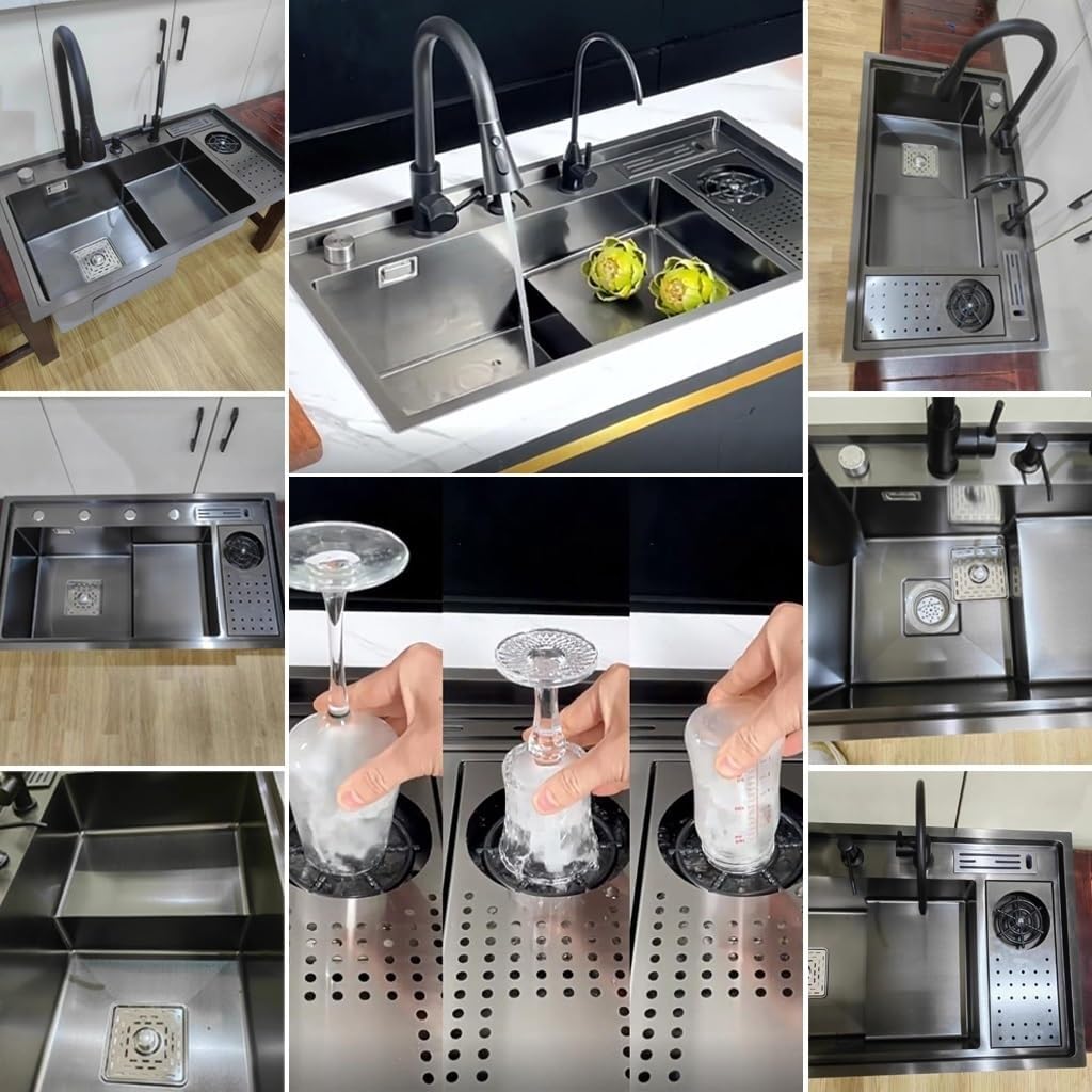 Stepped Stainless Steel Kitchen Sink with Pull-Out Faucet Black Nano Household Sink Multi-functional Single Bowl Sink with Cup Washer Soap Dispenser Knife Holder Box Knob Drainage Component (Black