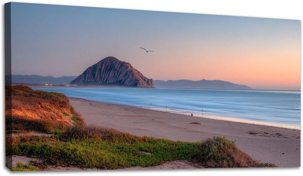 Large Canvas Wall Art 30x60in Beautiful panoramic view Morro bay Morro Rock sunset Painting for Living Room Bedroom Dining Room Wall Decor Home Decorations Aesthetic Artwork Ready To Hang