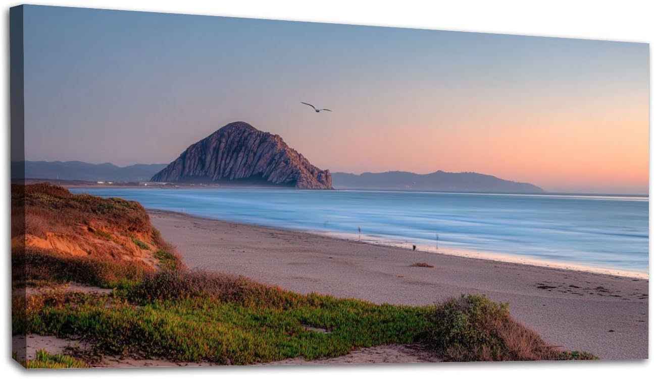 Large Canvas Wall Art 30x60in Beautiful panoramic view Morro bay Morro Rock sunset Painting for Living Room Bedroom Dining Room Wall Decor Home Decorations Aesthetic Artwork Ready To Hang