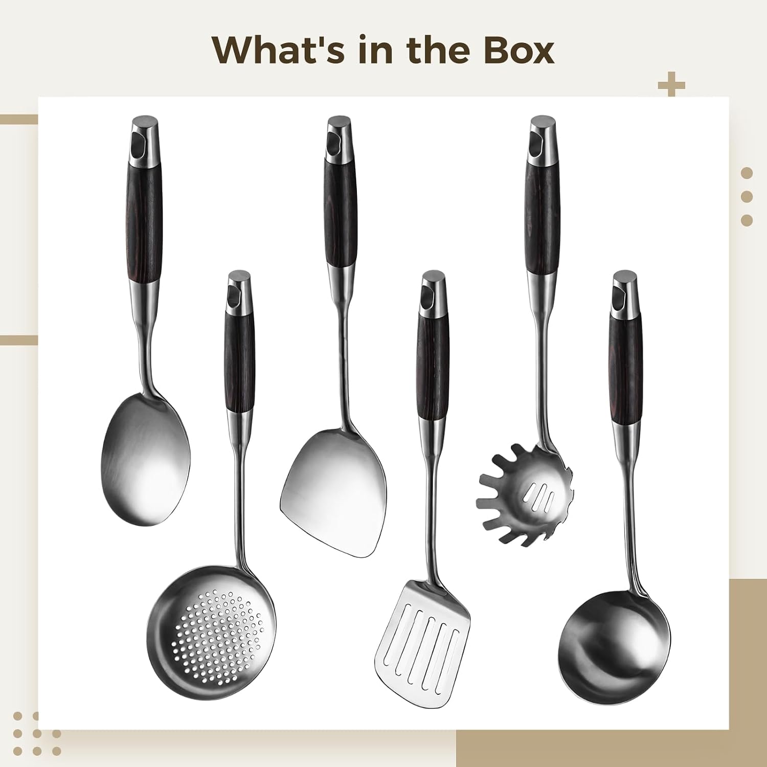 6-Piece Kitchen Utensil Set, Stainless Steel with Black Ebony Wood Handles, Nonstick, for All Cooking Surfaces