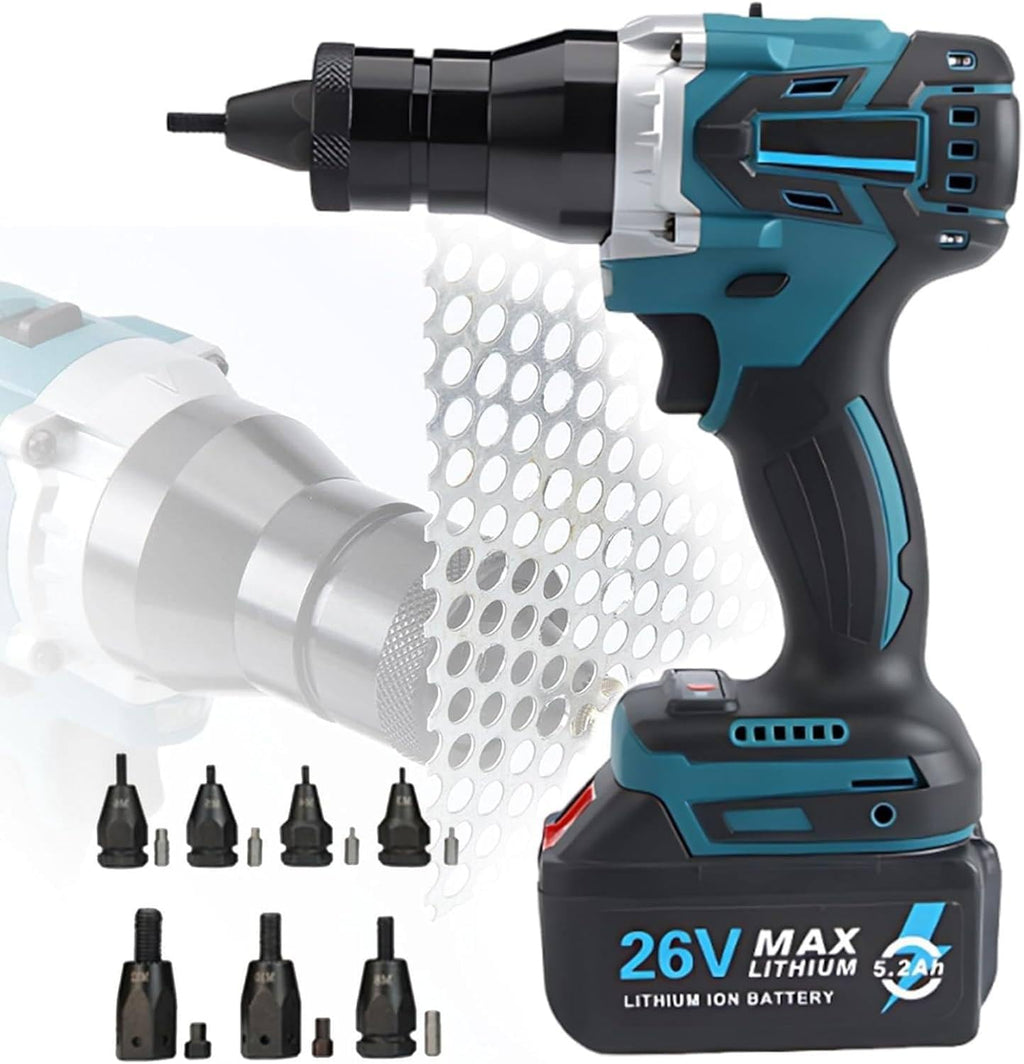 Cordless Brushless Rivet Gun, Cordless Rivet Tool, Pop Rivet Gun, Electric Rivet Gun, Automatic Manual Range Memory Mode Electric Assembly Nutsert Gun for M3 M4 M5 M6 M8 M10 M12 Rivet Nuts,5200mah*2