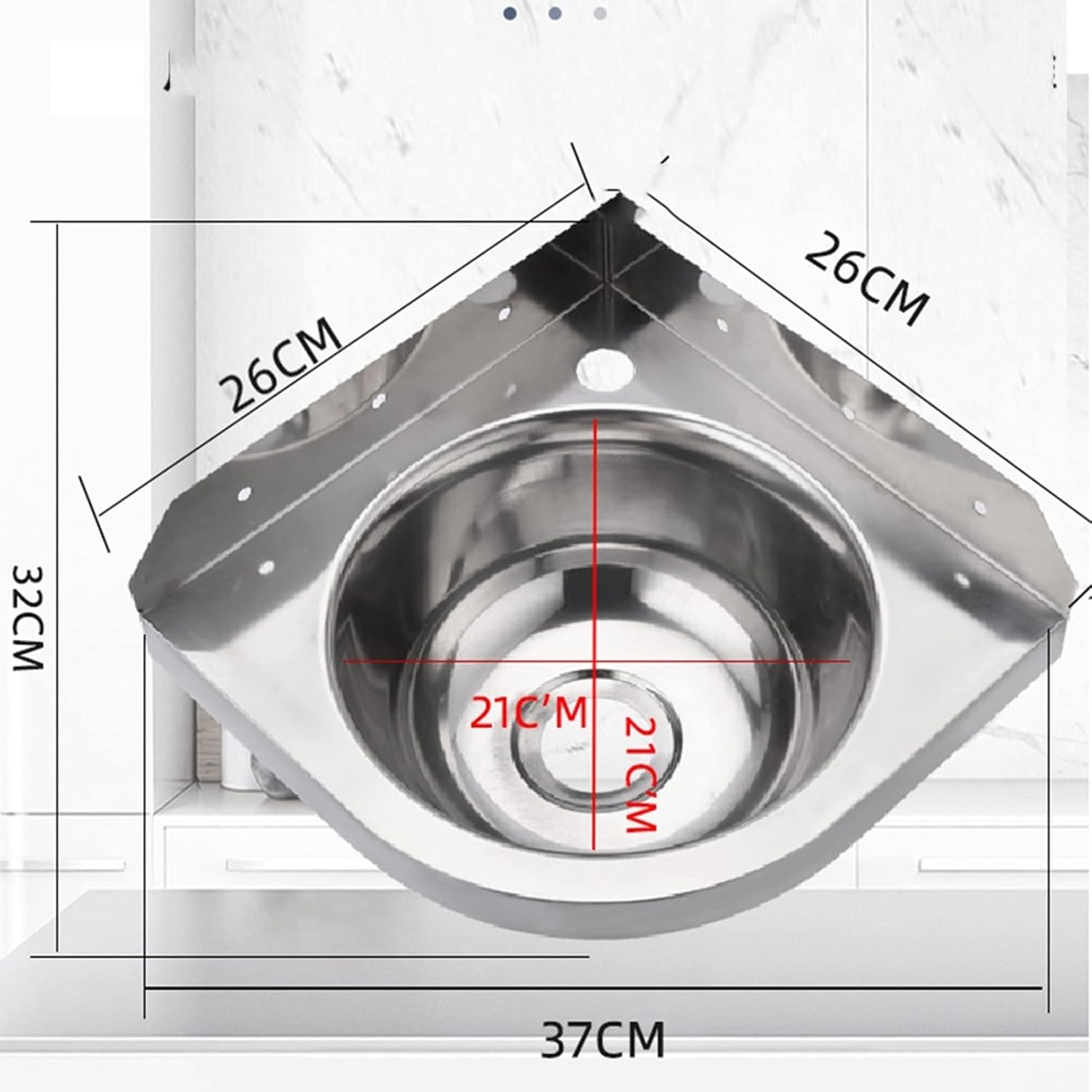 Stainless Steel Wall-Mounted Single Bowl Sink with Faucet, Triangle Wash Basin Thick Small Sink Corner for Kitchen Bathroom Lavatory (Color : Silver, Size : A4) (Silver A3)