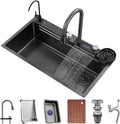 Kitchen Waterfall Sink Stainless Steel Single-Bowl Bar Prep Sink Nano-Coated Workstation Sink with Waterfall Pull-Down Faucet and Complete Accessory Set (Color : Black, Size : 80x45x21cm) (Black