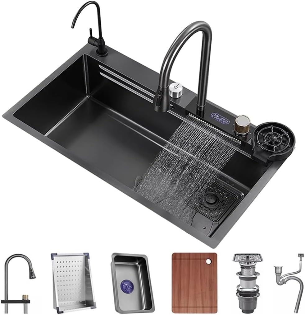 Kitchen Waterfall Sink Stainless Steel Single-Bowl Bar Prep Sink Nano-Coated Workstation Sink with Waterfall Pull-Down Faucet and Complete Accessory Set (Color : Black, Size : 80x45x21cm) (Black