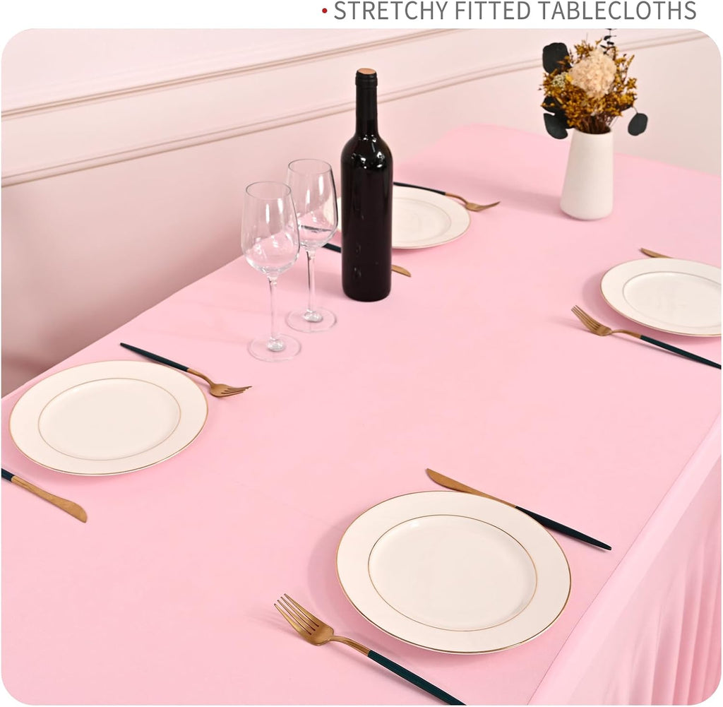 fani 6 Packs Pink Stretch Table Skirts for 8 Foot Rectangle Table, Washable Spandex Stretch Tablecloths with Skirt, Wrinkle Resistant Fitted Tablecover for Wedding Party Banquet