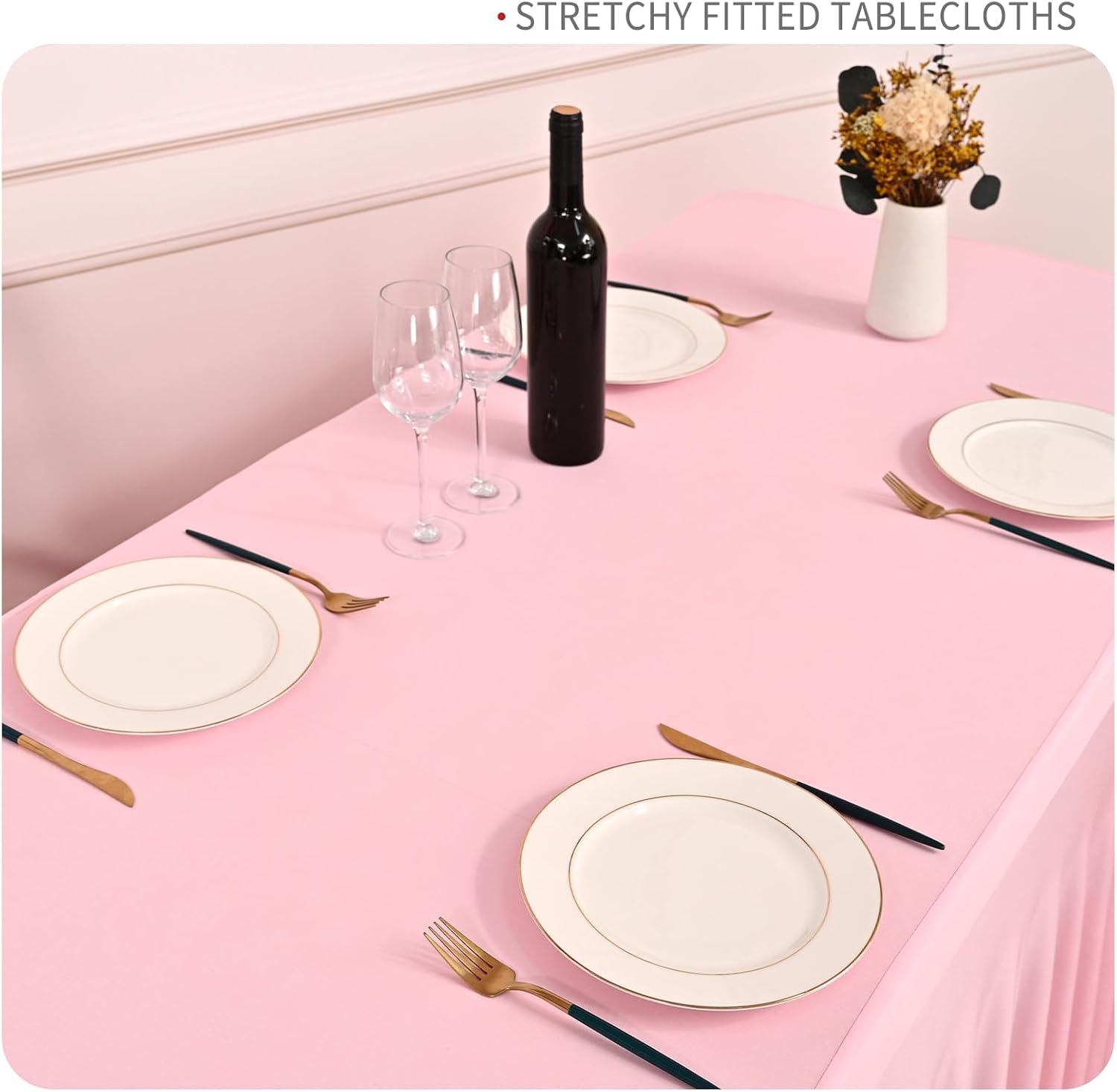 fani 6 Packs Pink Stretch Table Skirts for 8 Foot Rectangle Table, Washable Spandex Stretch Tablecloths with Skirt, Wrinkle Resistant Fitted Tablecover for Wedding Party Banquet