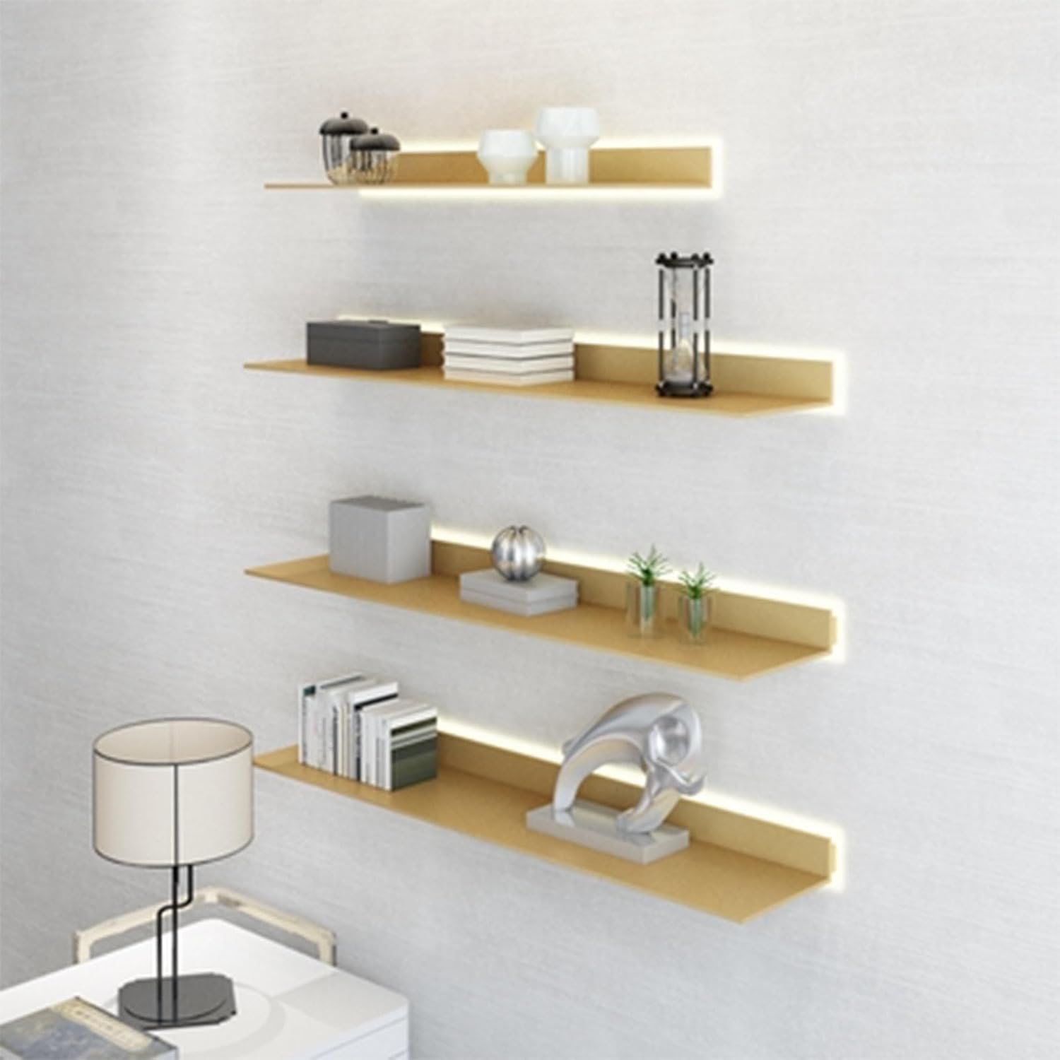 Floating Wall Shelves, All-Aluminum Illuminated Shelf Wall-Mounted with Lights Partition Simple Bookshelf Wine Rack (Gold-60x23cm