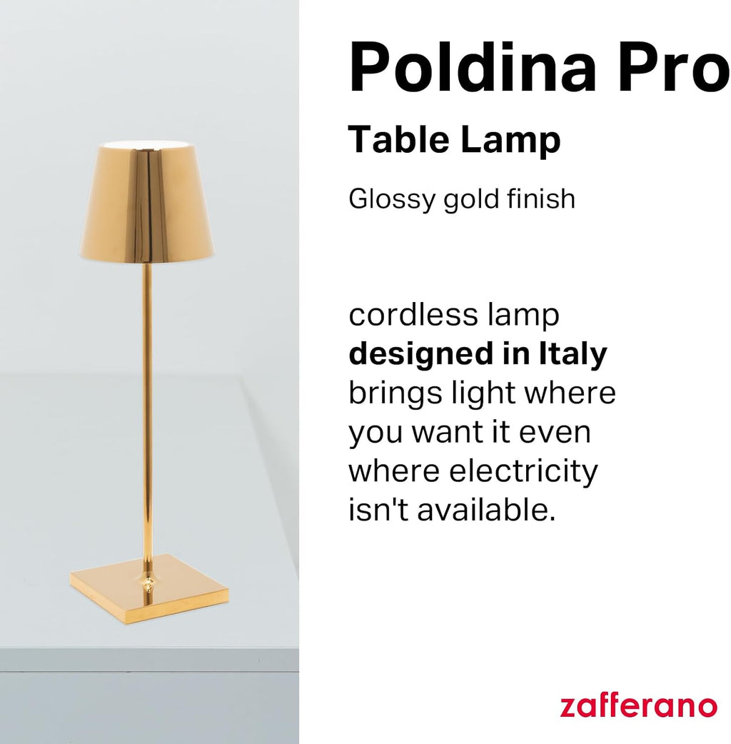 Zafferano, Poldina Pro Lamp with with Glossy Gold Finish, Rechargeable Cordless Table Lamp with Touch Controls, Usable as an Indoor Lamp, Dimmer, 2200-3000 K, Height 14.9 Inches
