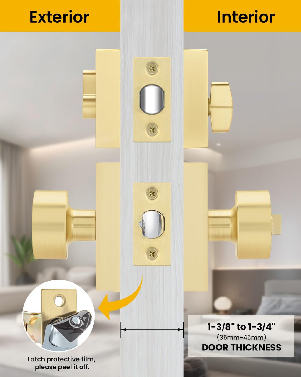 Goldenwarm Brushed Gold Exterior Door Knob with Deadbolt, Square Keyed Different Front Entry Lockset, Heavy Duty, 3 Pack