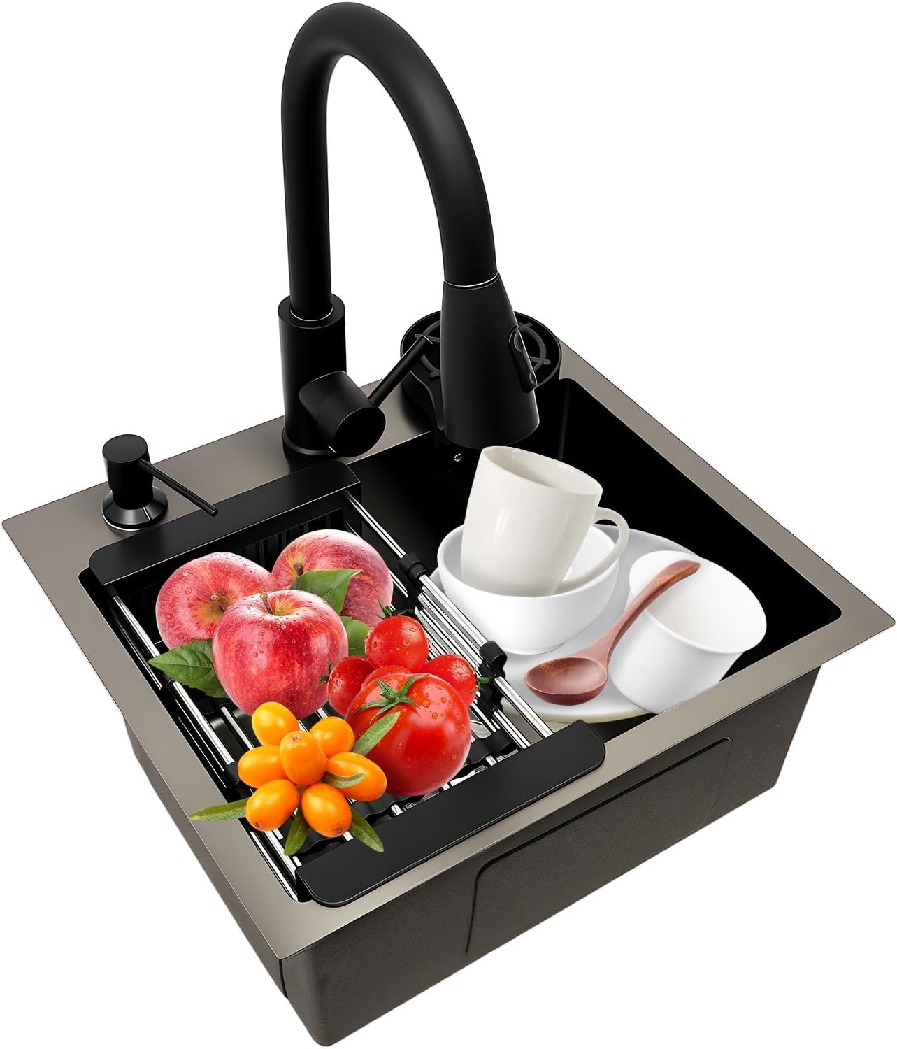 Kitchen Sink Drop-in Single Bowl Sinks, Workstation Handmade Undermount Sink with Pull-Out Faucet, Cup Washer & Accessories, Undermount Workstation Sink 55 * 45cm