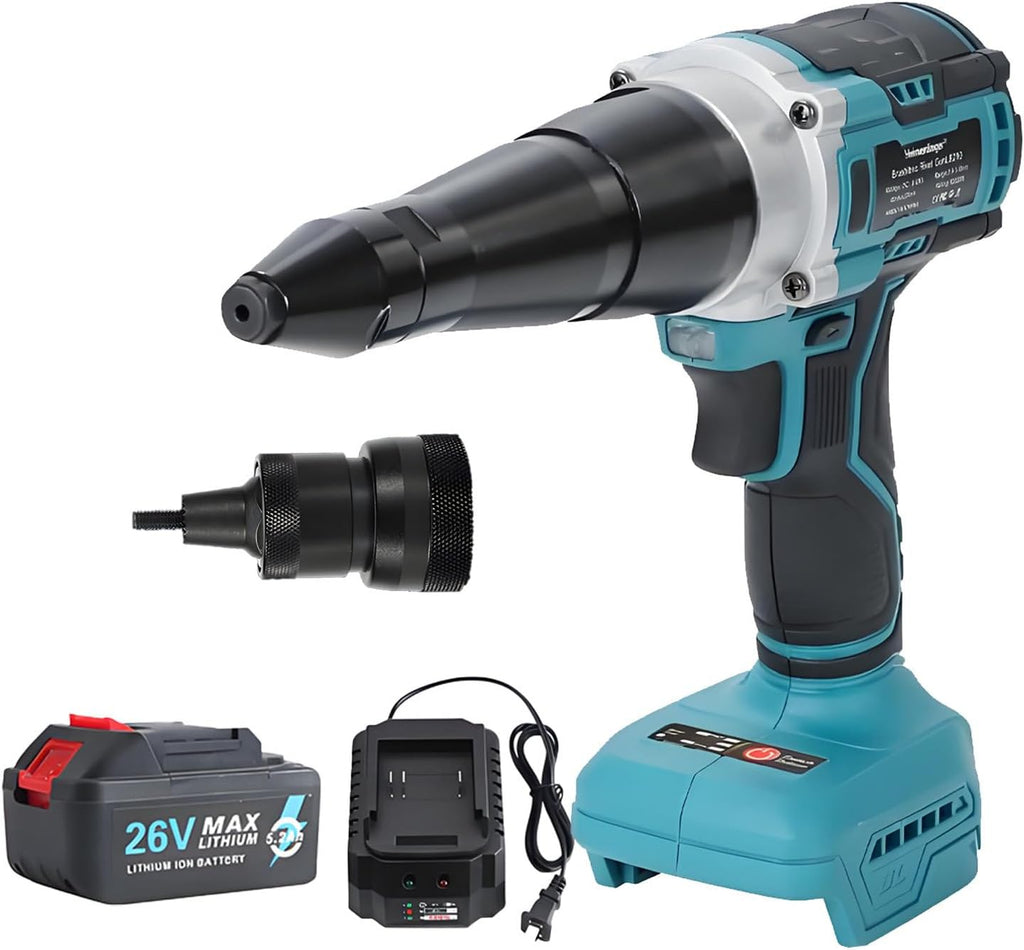 26V Brushless Cordless Rivet Gun Tool Kit, Battery Powered Electric Pop Riveter - 3.2-5.0mm Rivet Compatibility, LED Light, Portable Rivet Tool for Pro & Home Use Dual-useversion