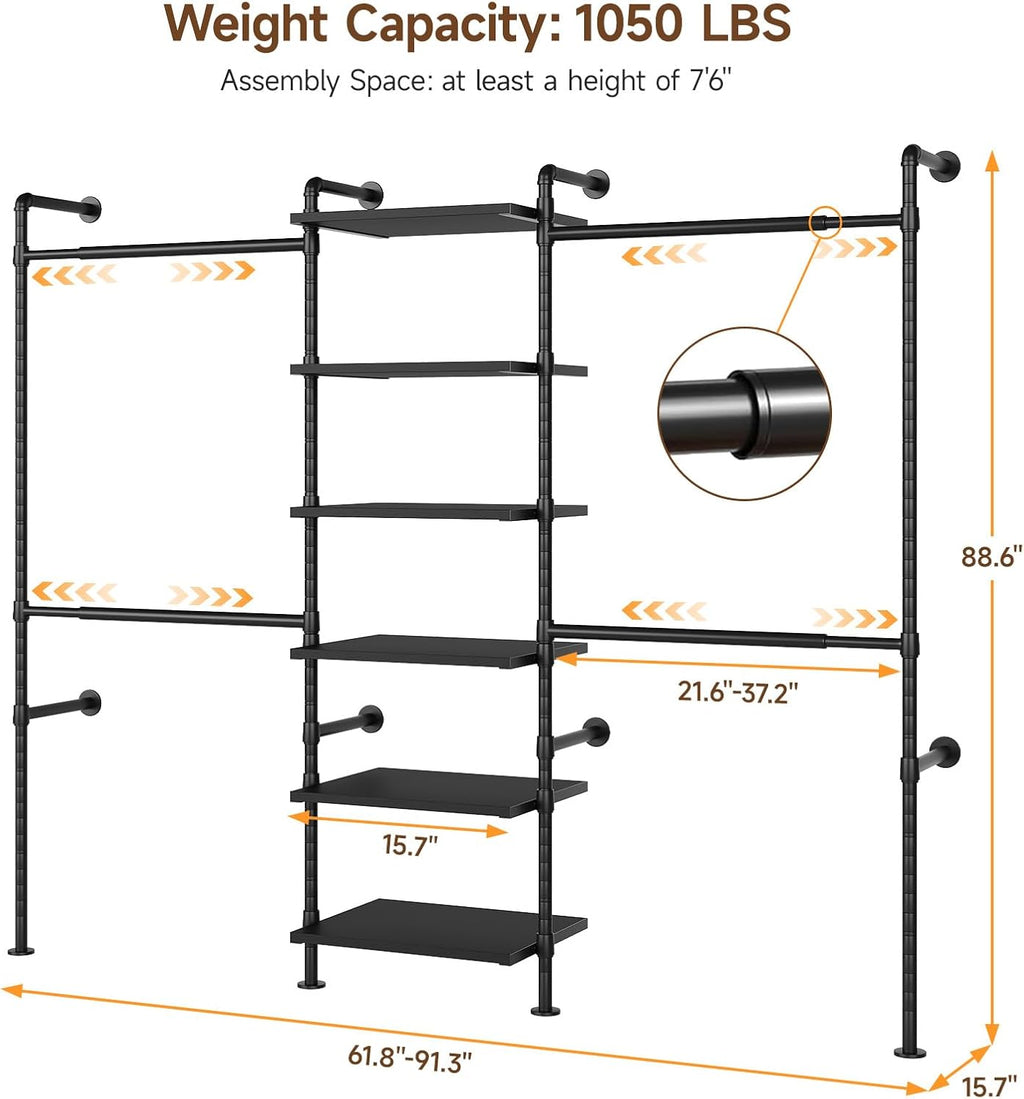 T1 Wall Mounted Closet System, Industrial Pipe Clothing Rack with 6 Wooden Shelves & 4 Telescopic Rods, Heavy Duty Closet Organizers and Storage in Wardrobe Closet (Black)