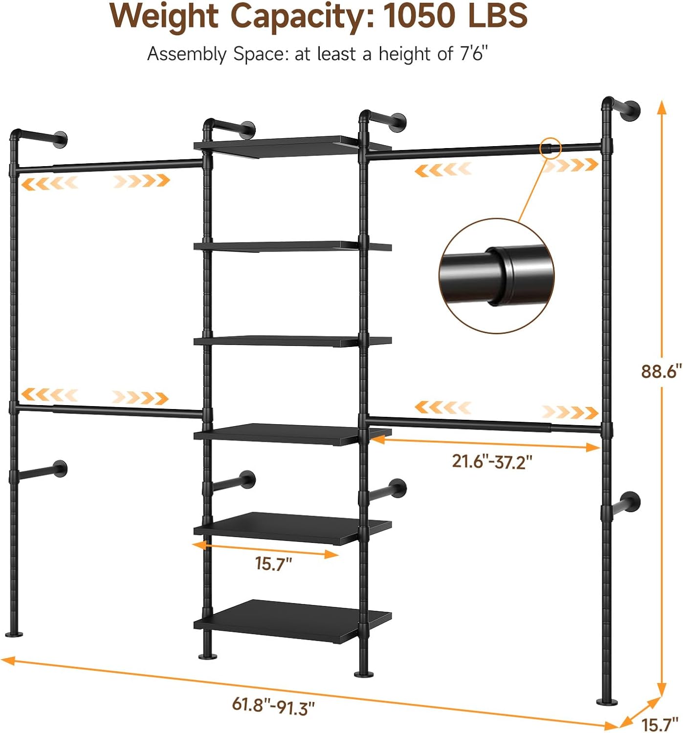 T1 Wall Mounted Closet System, Industrial Pipe Clothing Rack with 6 Wooden Shelves & 4 Telescopic Rods, Heavy Duty Closet Organizers and Storage in Wardrobe Closet (Black)