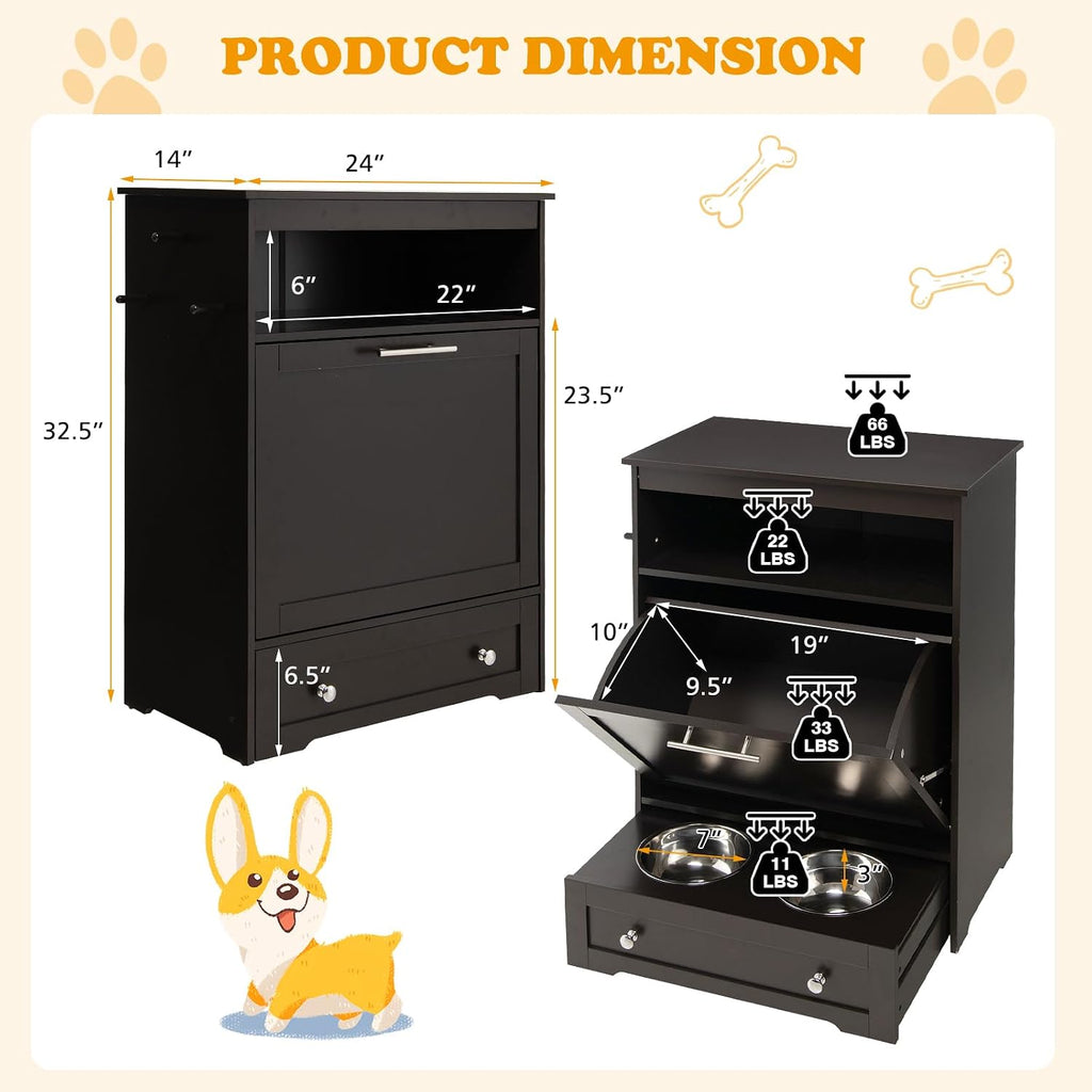 PETSITE Dog Feeding Station with Storage and 2 Elevated Bowls, Modern Dog Food Cabinet with 3 Side Hangers and Tilt-Out Storage Cabinet (Brown)