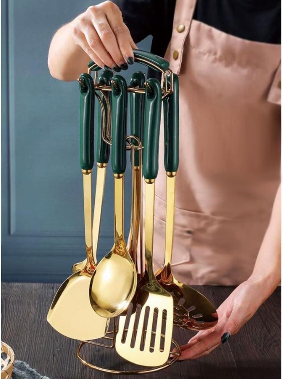 Ceramic Cooking Utensils Sets Spoons for Cooking Spatulas Cookware Dining Gadgets Kitchen Tools 304 Stainless Steel Spatulas Spoons 7 Pieces (Black One Size)