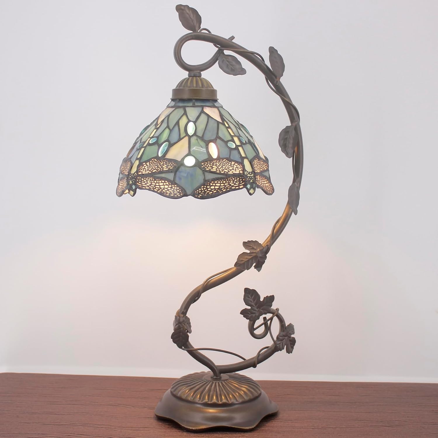 WERFACTORY Tiffany Lamp Sea Blue Stained Glass Dragonfly Style Desk Reading Light, Metal Leaf Table Lamp Base 8X10X21 Inches Decor Small Space Bedside Bedroom Home Office S147 Series