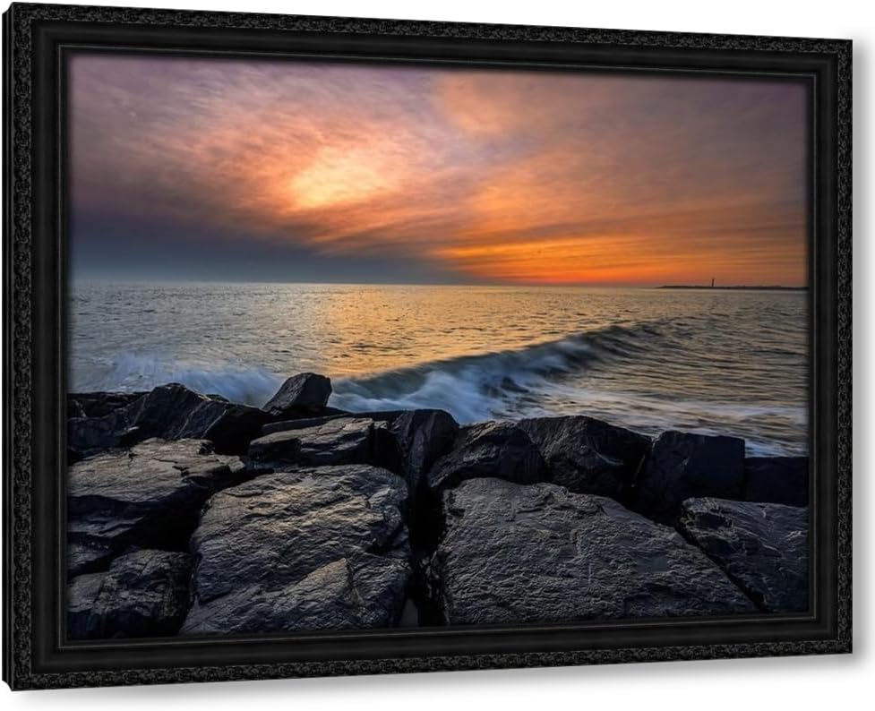 ArtDirect New Jersey-Cape May National Seashore Sunset on ocean and rocks 24x20 Black Ornate Wood Framed Canvas Giclee Art by Jaynes Gallery