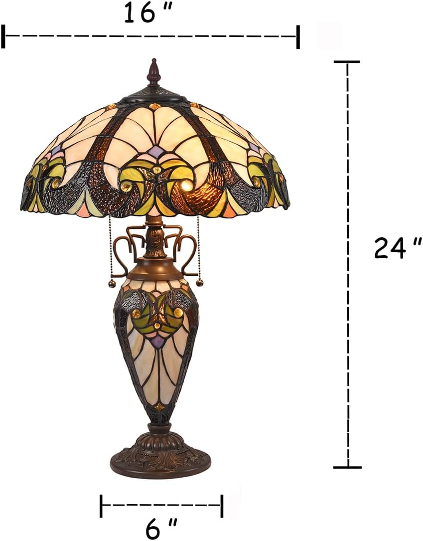Tiffany Table Lamp Night Light 16' Wide Handmade Stained Glass Lamp Shade 3 Light Amber Cream Victorian Style Vintage Table Lamp for Home and Office