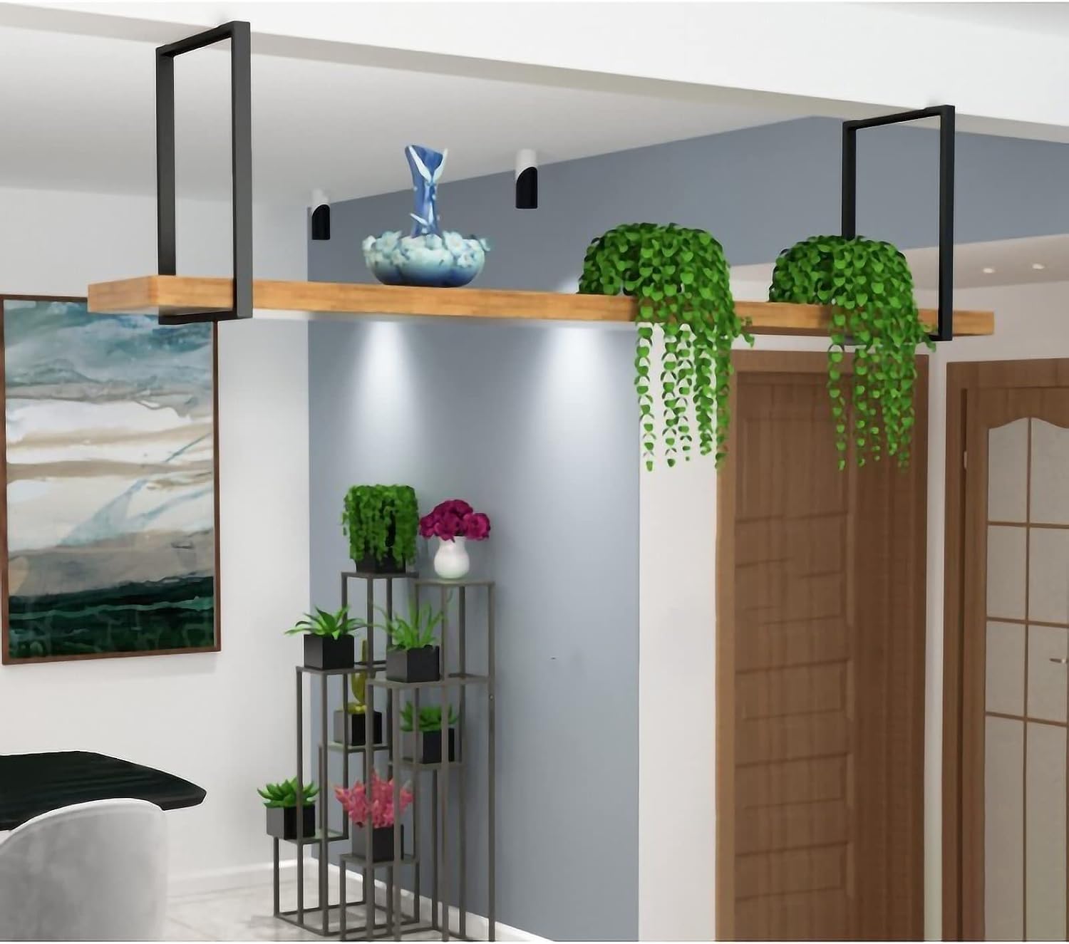 Corner Ledge Wall Shelf,Hanging Floating Shelf Wine Rack - Ceiling Solid Wood Bottle Rack/Bookshelf, Wall Mounted Wrought Iron Storage Rack, Kitchen/Bar/Living Room Plant Display Stand, Ceil