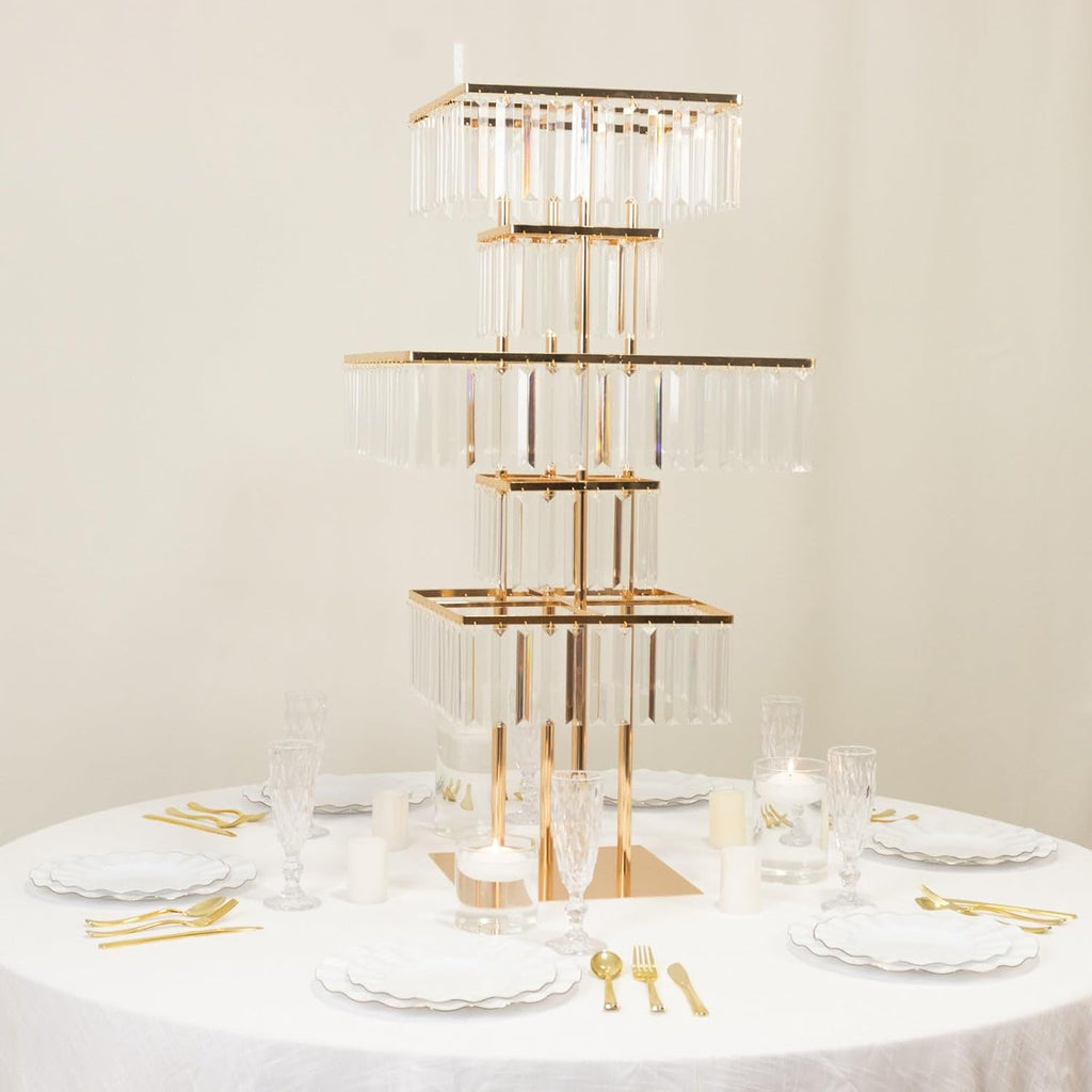 Efavormart Crystal Pendant 5-Tier Table Centerpiece Chandelier in Gold, 40' Flower Stand Metal Vase Square Pedestal with Hanging Crystals