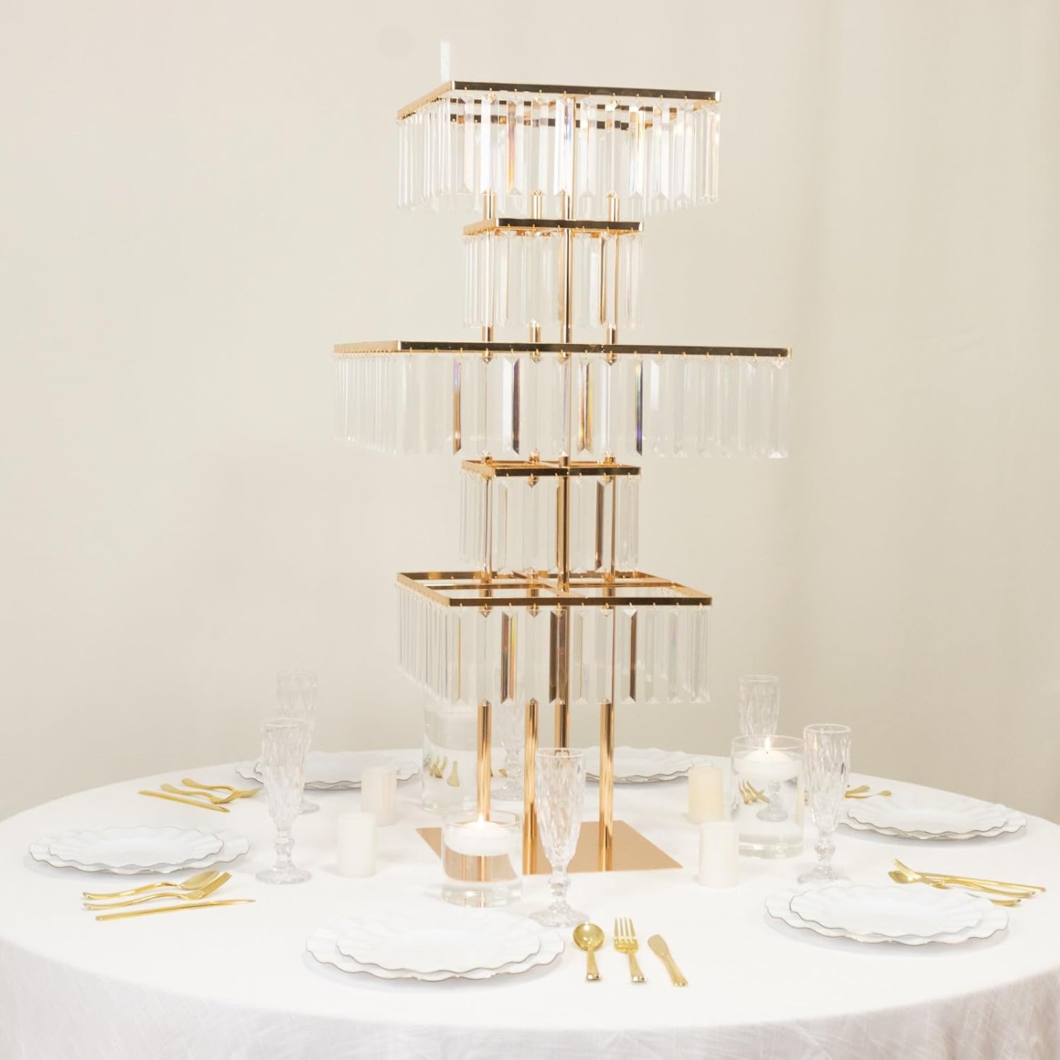 Efavormart Crystal Pendant 5-Tier Table Centerpiece Chandelier in Gold, 40' Flower Stand Metal Vase Square Pedestal with Hanging Crystals