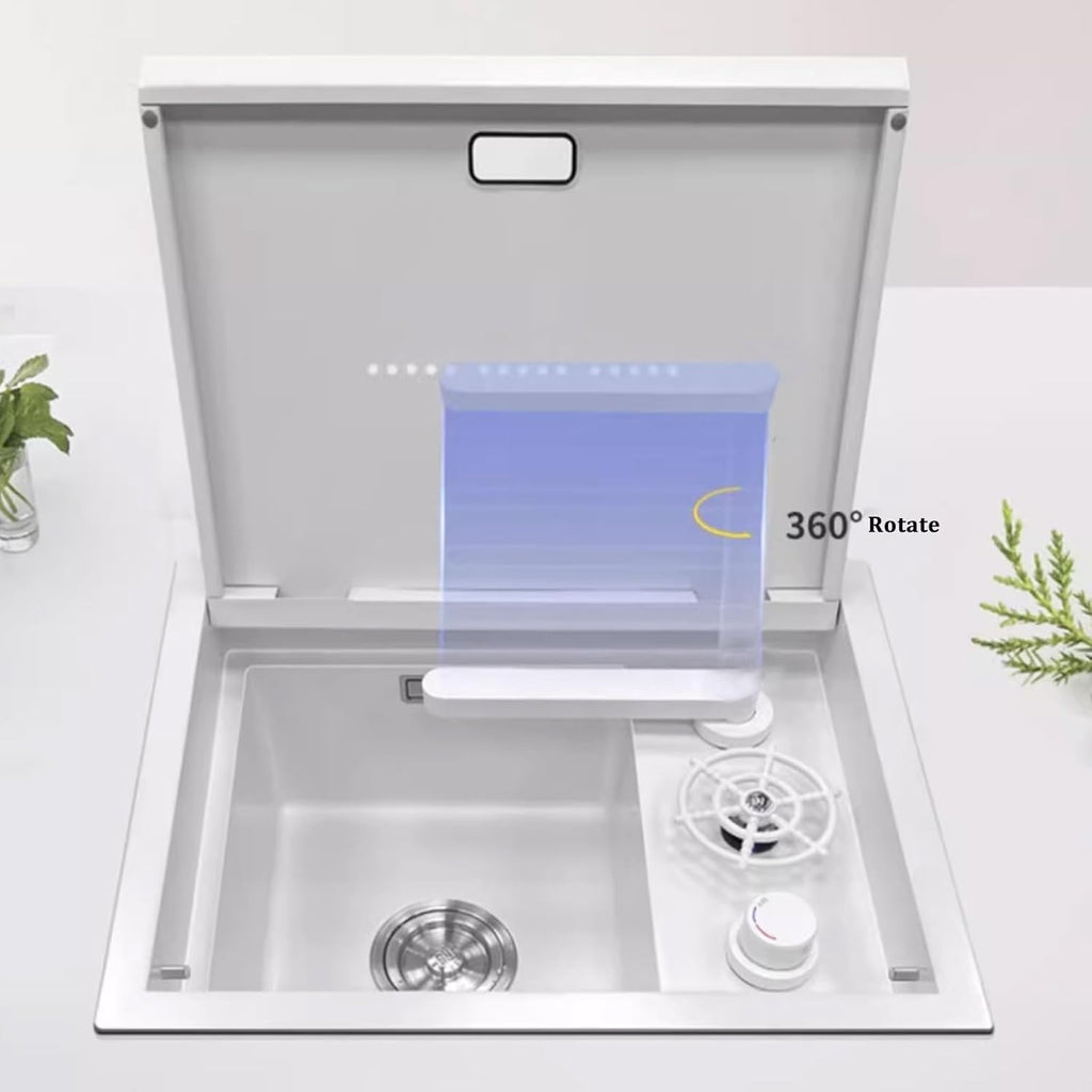 Hidden Sink with Cover Liftable Faucet White Single Bowl Sink Stainless Steel Sink with Cup Washer Bar Sink (