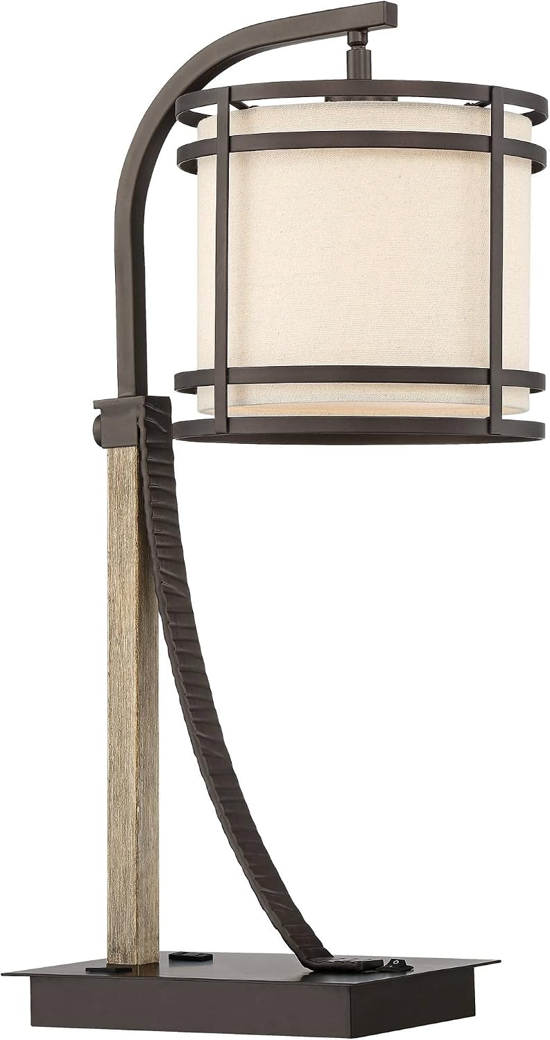 Franklin Iron Works Gentry Industrial Desk Table Lamp 22' High with USB and AC Power Outlet in Base Oil Rubbed Bronze Faux Wood Metal Cage Oatmeal Drum Shade for Cottage Core Bedroom Desk