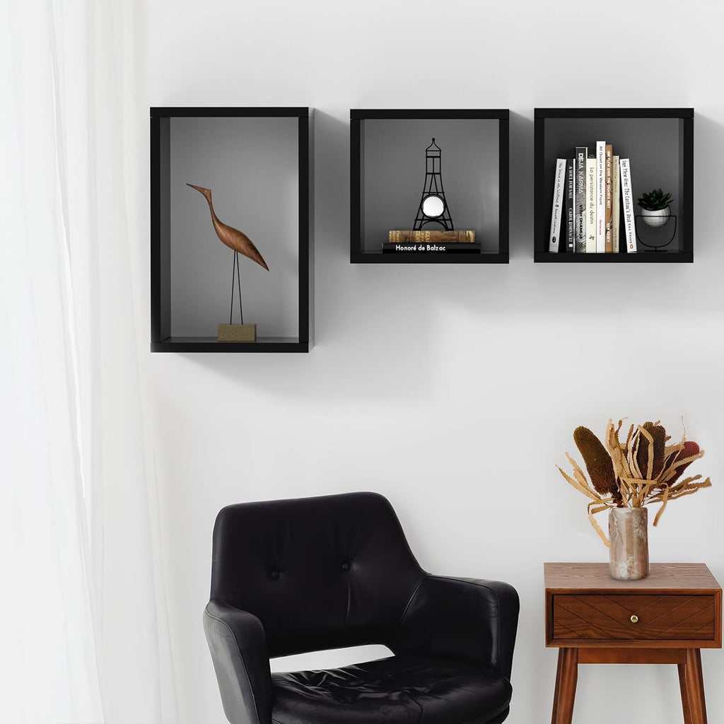 Kaboon Wall Mount Shelf Set of 3, Floating Cube Shelves for Space Discovery Home and Commercial Use, Large Size Shelves Set, Black