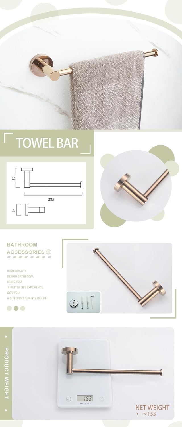 Rose Gold Bathroom Accessories 304 Stainless Steel Towel Rack Toilet Roll Paper Tissue Holder Double Cup Towel Bar Hooks,4 pcs Set
