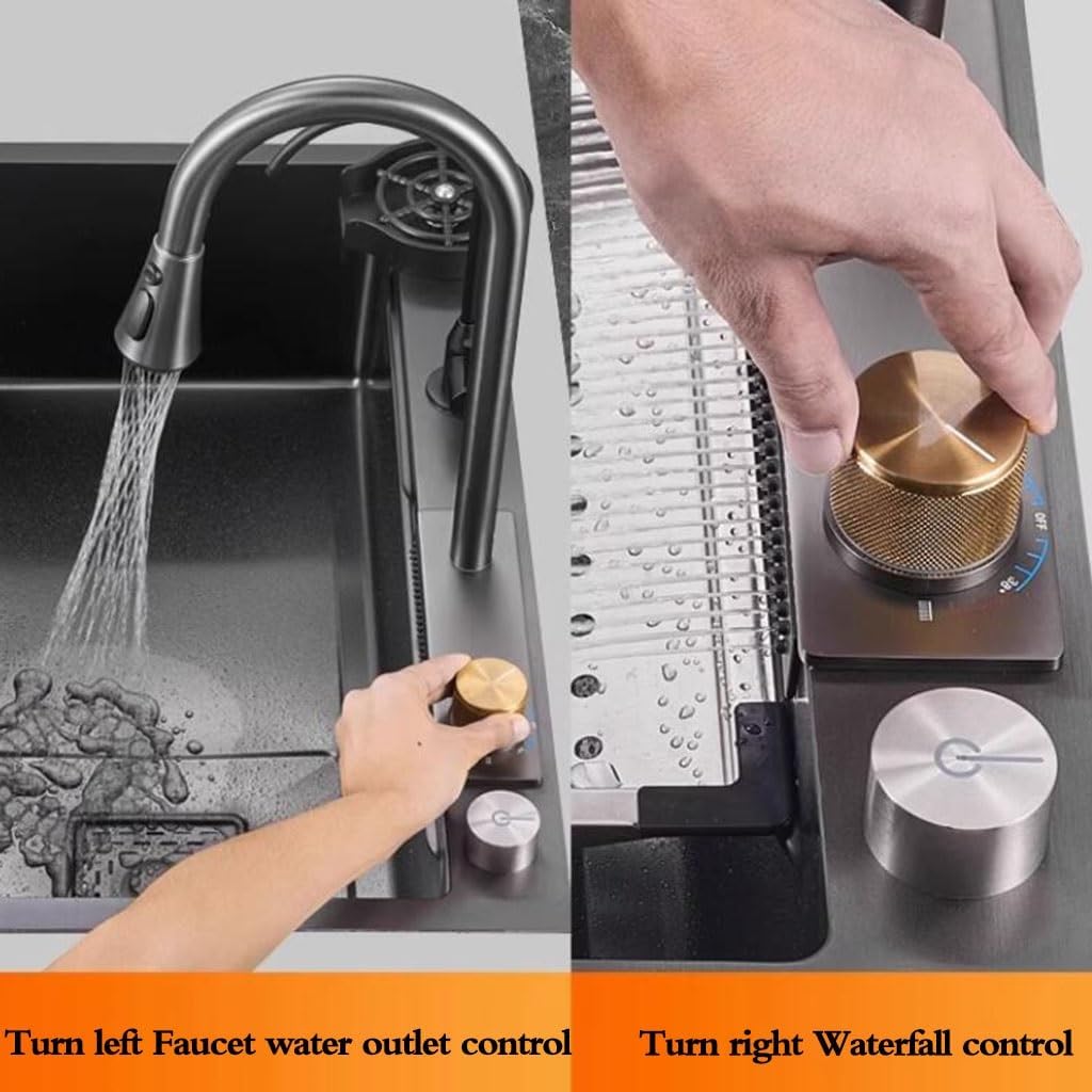 Kitchen Sinks, Single Bowl Home Kitchen Waterfall Sink Stainless Steel Vegetable Washibasin Balcony Pool Large Capacity Single Bowl Sink (68 * 45 * 22Cm